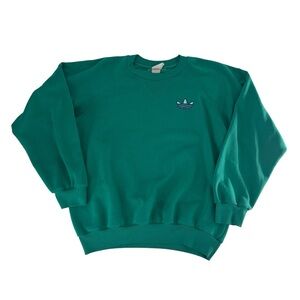 Vintage 60s Adidas Sweatshirt Men Medium Teal Blue Single V Stitch Trefoil Flock